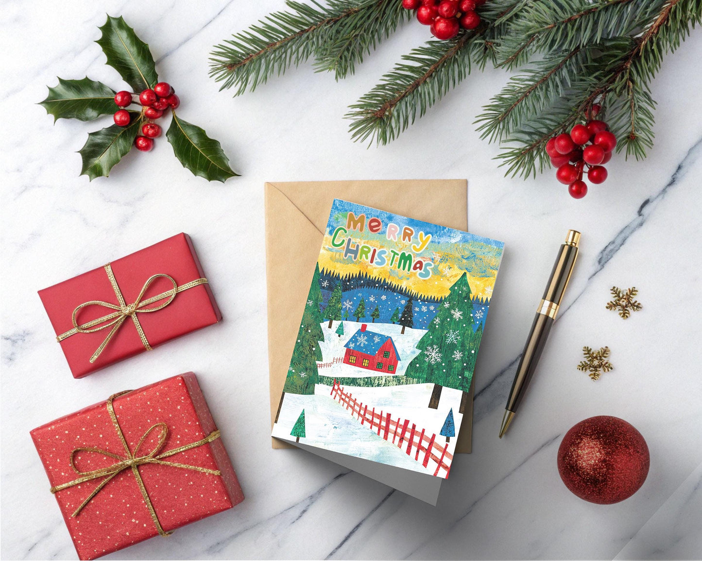 Snowy Evergreen Scene Card Cozy Red House Art Nostalgic Christmas Greeting George Miller