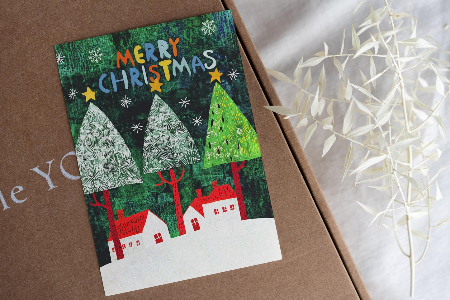 Festive Christmas Art Card Unique Xmas Greeting Handcrafted Village Scene Colorful Trees George Miller