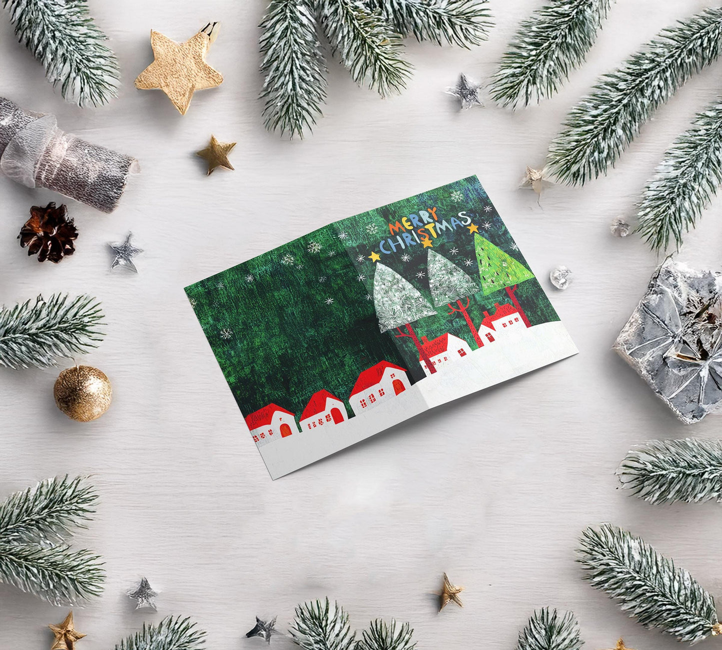 Christmas Folk Art Card Whimsical Holiday Trees Colorful