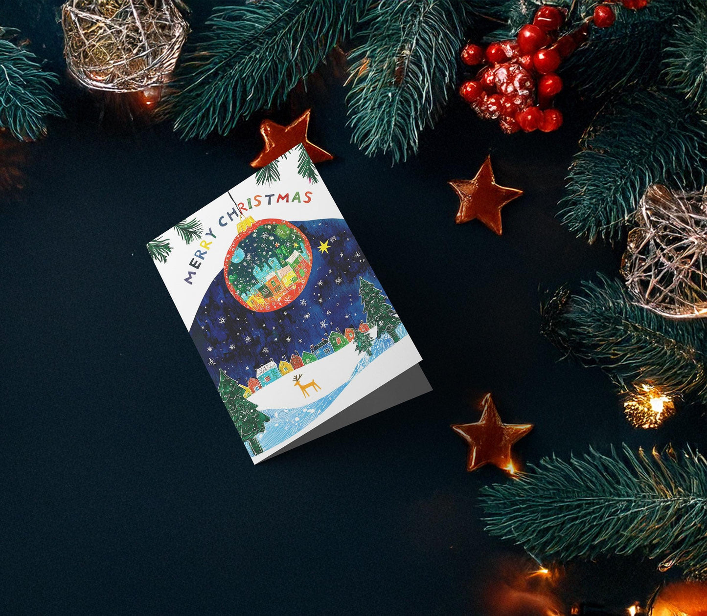 Artistic Christmas Card Winter Scene Holiday Ornament Snowy Landscape Colorful Houses Festive Greeting