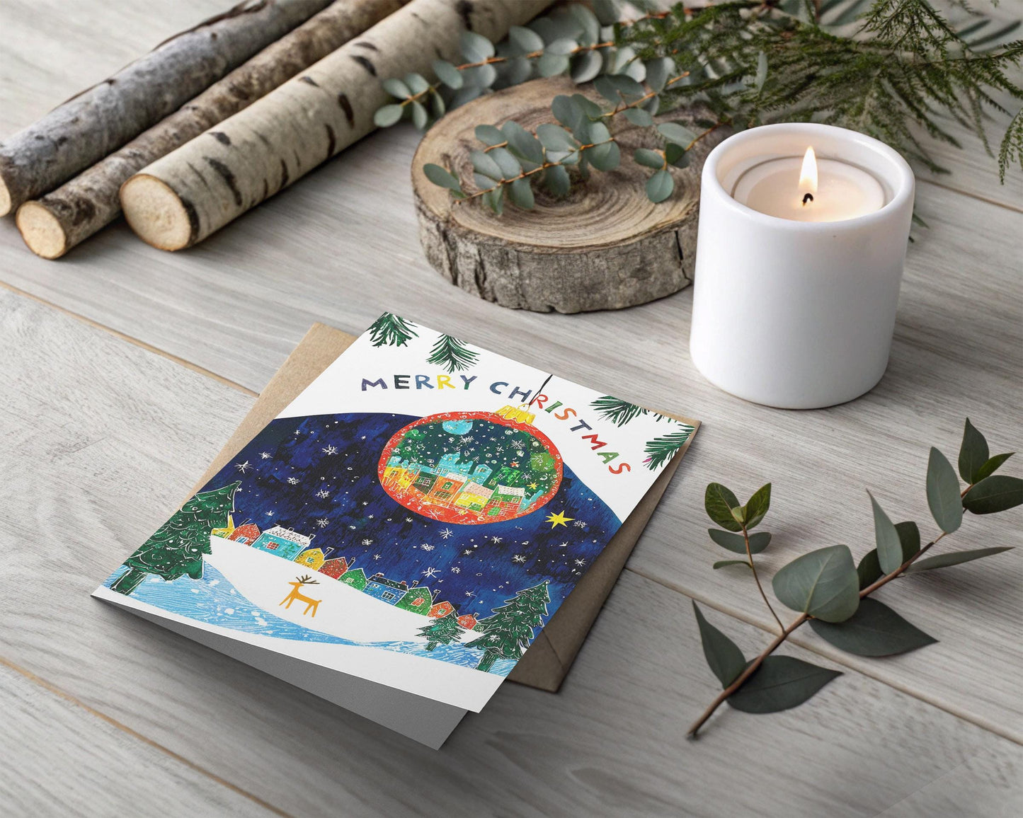 Magical Christmas Card Whimsical Winter Scene Holiday Ornament Snowy Landscape Colorful Houses Night Sky