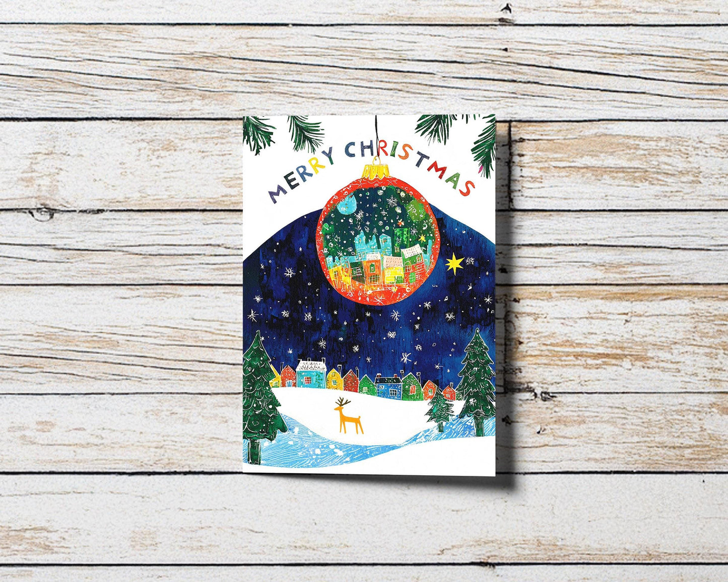 Christmas Card Winter Scene Whimsical Art Holiday Ornament Snowy Landscape Colorful Houses Night Sky Festive Greeting