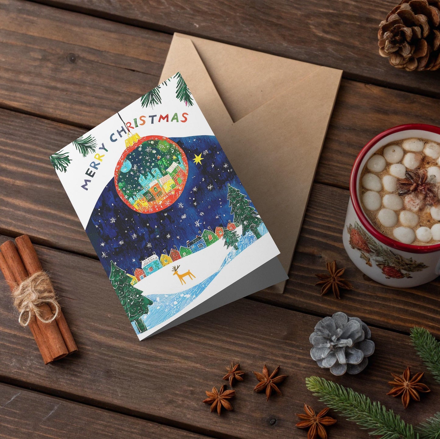 Folk Art Style Christmas Card Winter Scene Holiday Ornament Snowy Landscape Colorful Houses