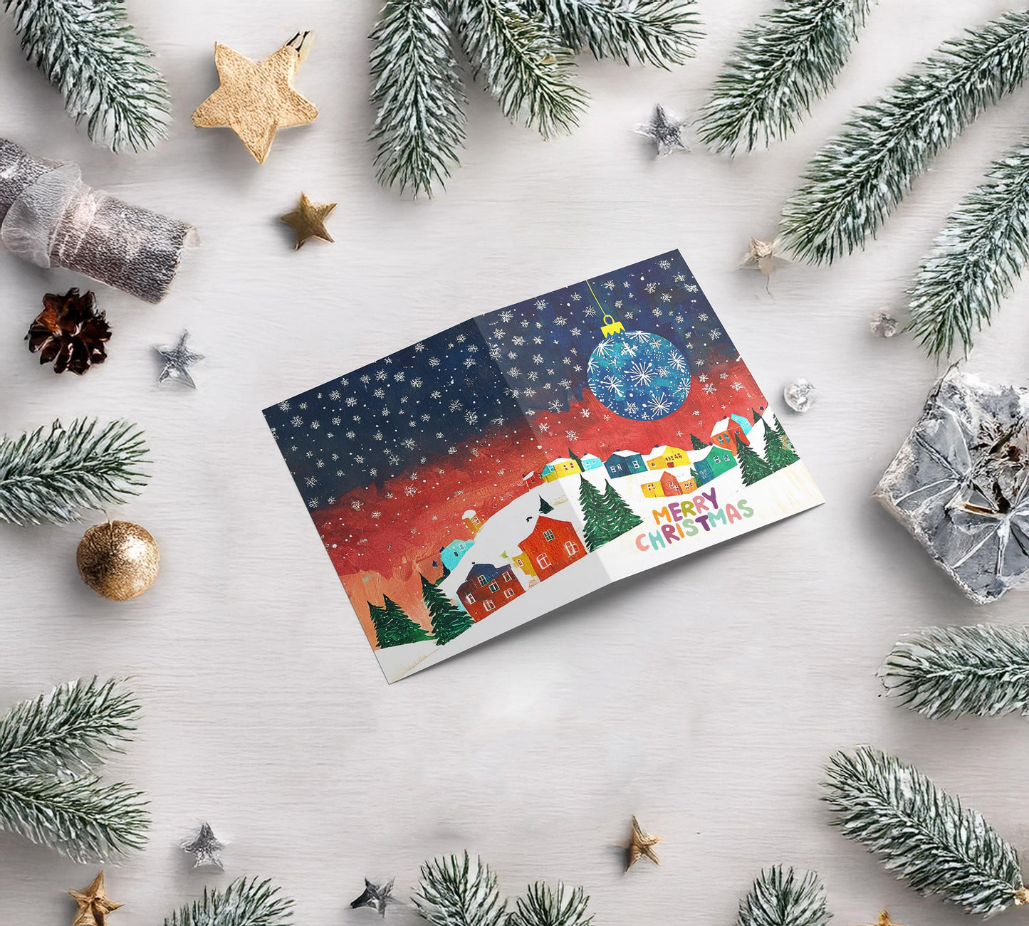 Whimsical Christmas Card | George Miller Art | Colorful Village Scene | Unique Holiday Greeting