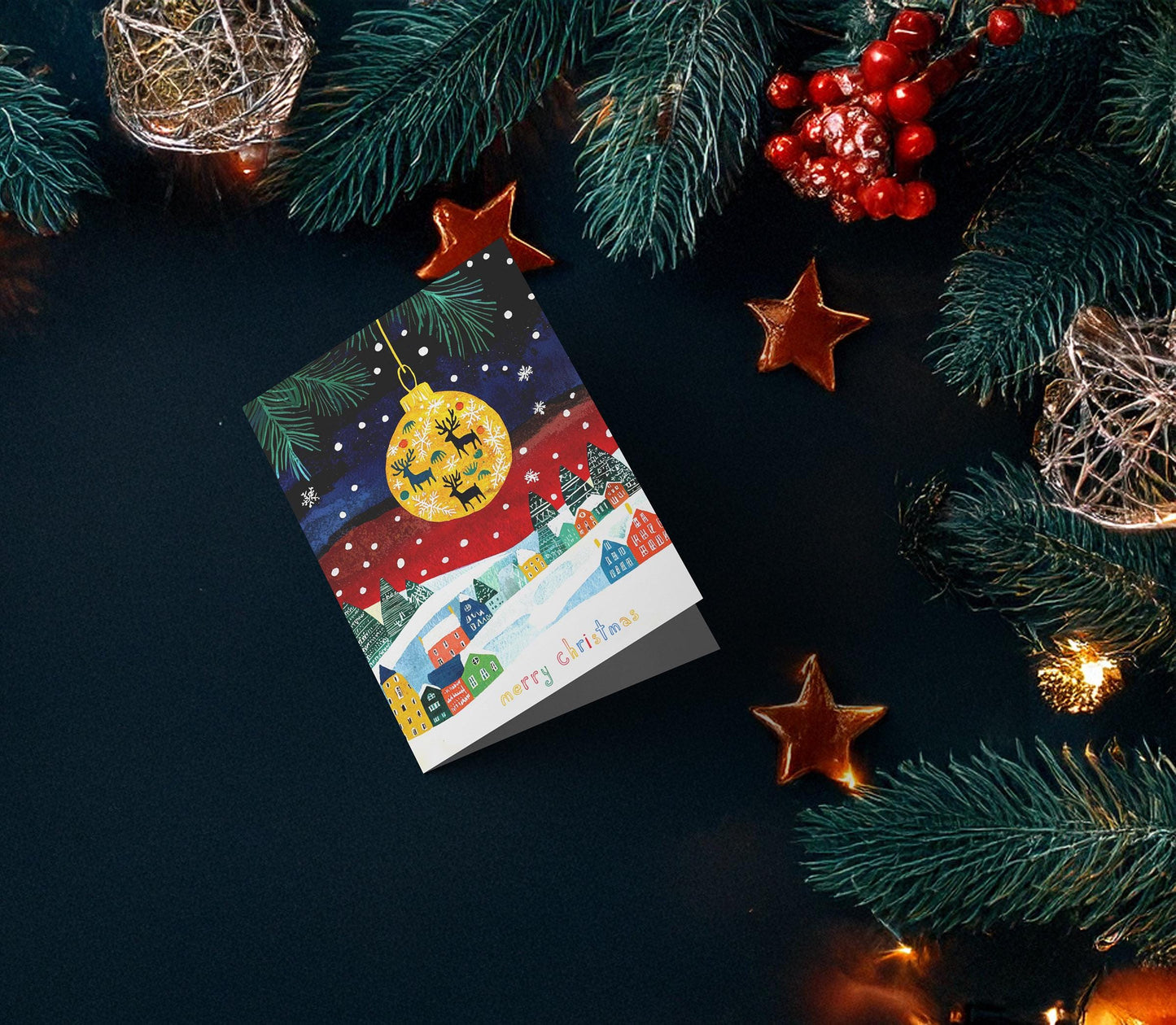 Merry Christmas Card Festive Winter Scene Colorful Village Houses Snow Landscape Folk Art Style Holiday Greeting
