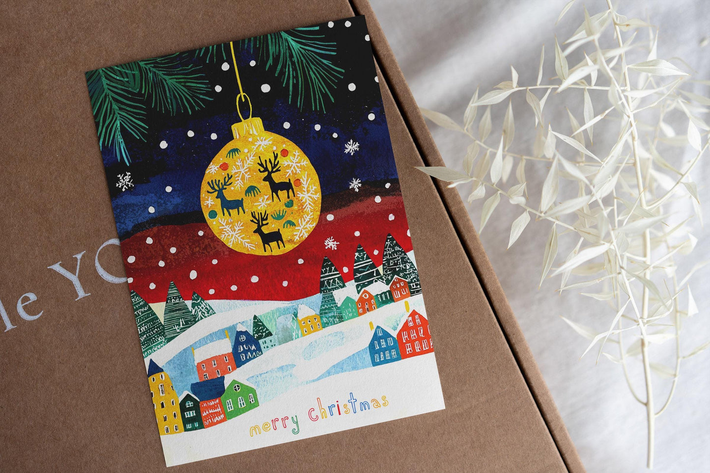 Folk Art Christmas Card Winter Village Scene Colorful Houses Snow Landscape Holiday Ornament Festive Greeting