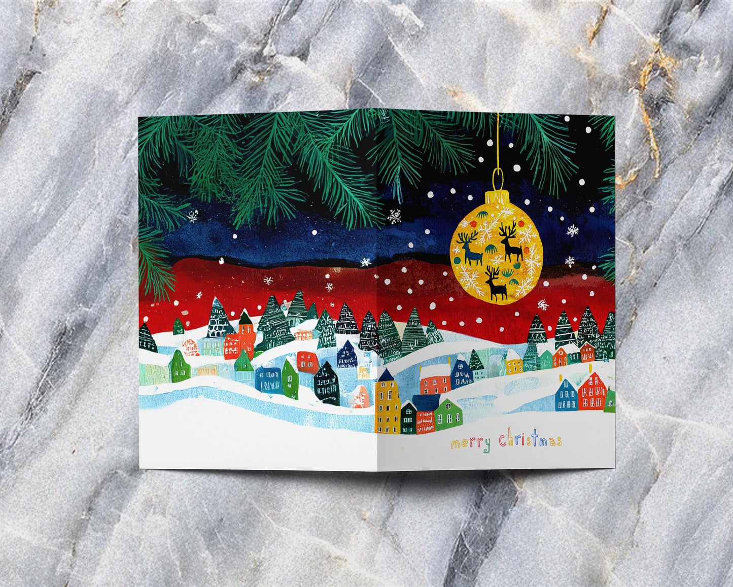 Festive Christmas Card Snowy Village Landscape Colorful Houses Holiday Ornament Reindeer Silhouette Design