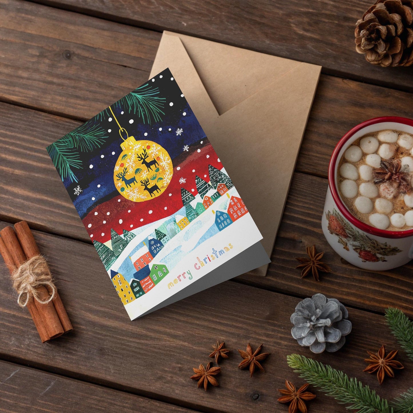Festive Christmas Card Snowy Village Landscape Colorful Houses Holiday Ornament Reindeer Silhouette Design