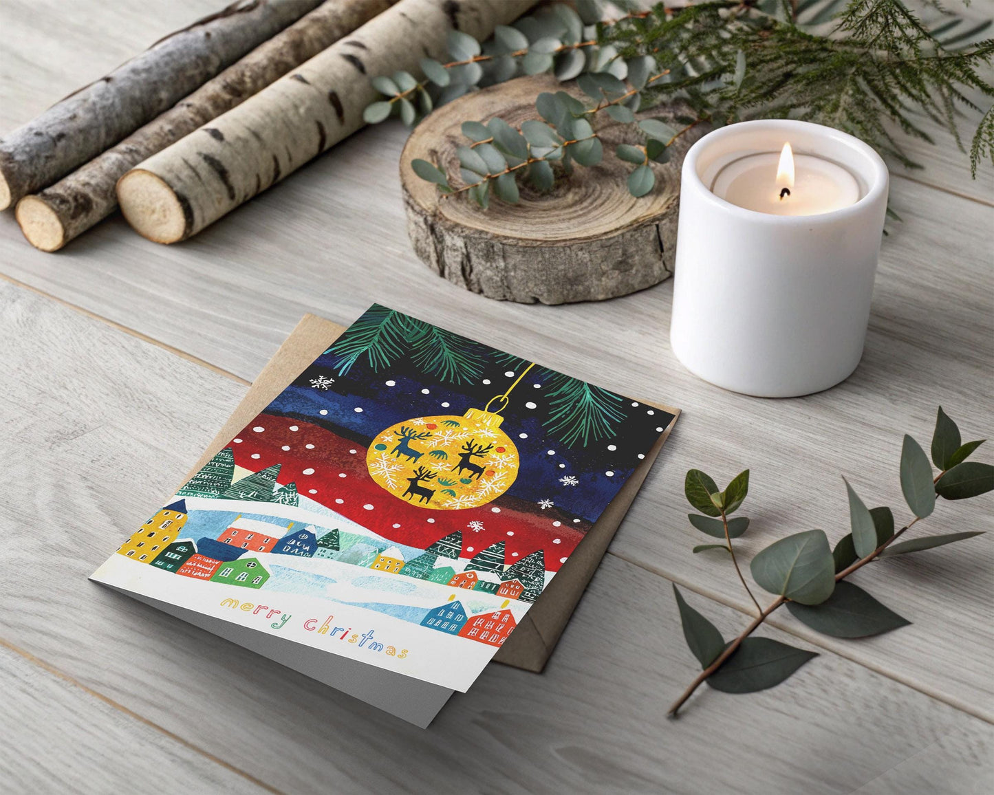 Festive Christmas Card Snowy Village Landscape Colorful Houses Holiday Ornament Reindeer Silhouette Design