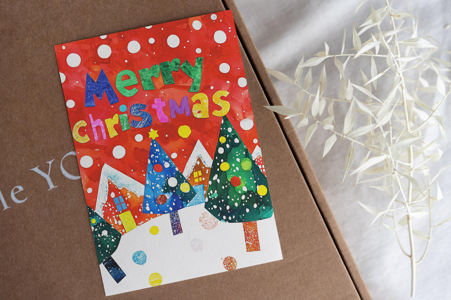 Colorful Merry Christmas Card Whimsical Winter Scene Festive Art Print Modern Holiday Design