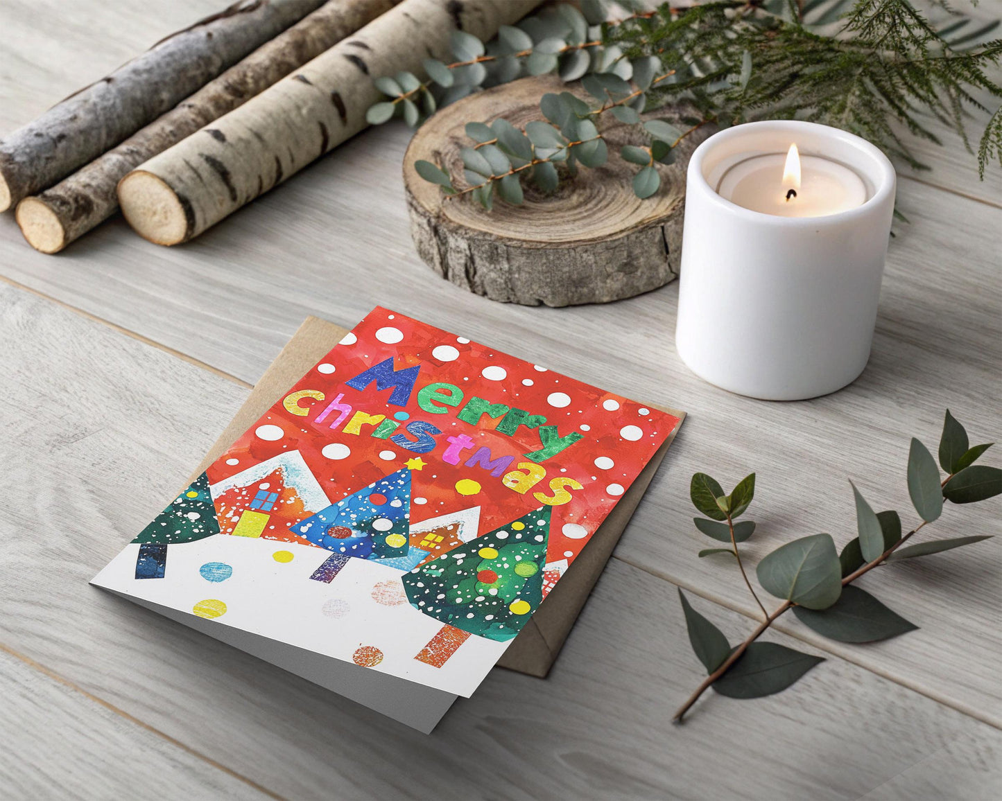 Christmas Card Colorful Winter Village Scene Modern Holiday Art Print George Miller Greeting Card