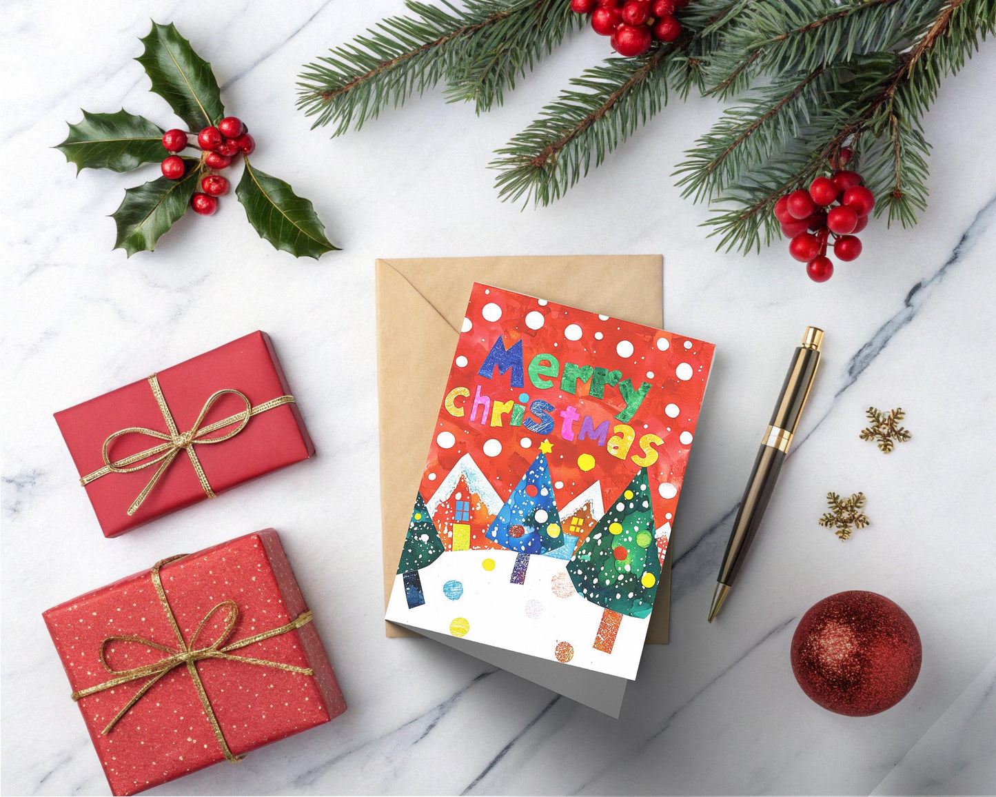 Contemporary Christmas Greeting Card Vibrant Winter Village Art Print Cheerful Holiday Design
