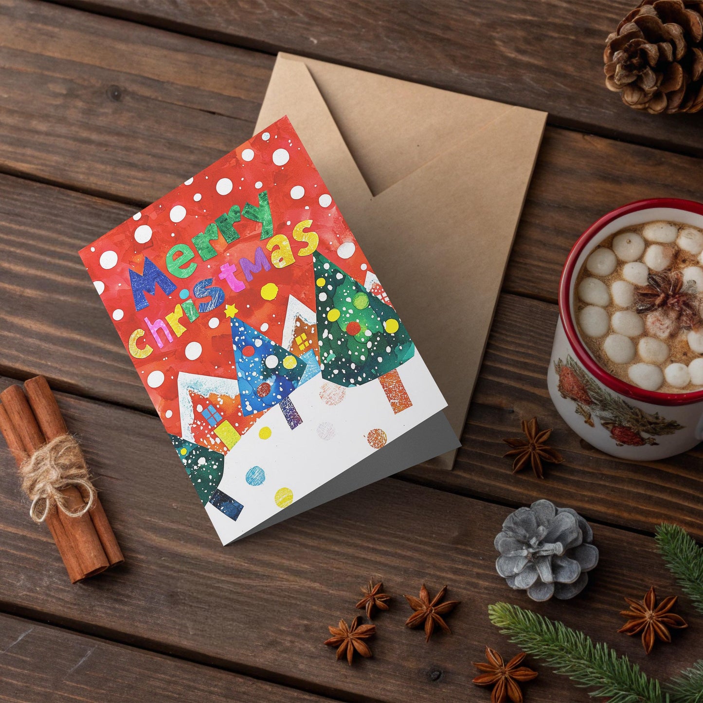 Modern Christmas Greeting Card Colorful Winter Scene Festive Art Print Unique Holiday Message