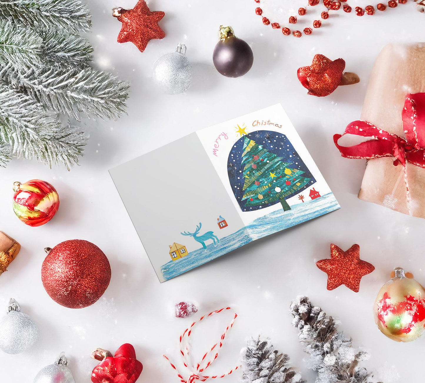 Playful Holiday Greeting Card Christmas Tree Design Artistic Print Cheerful Winter Scene