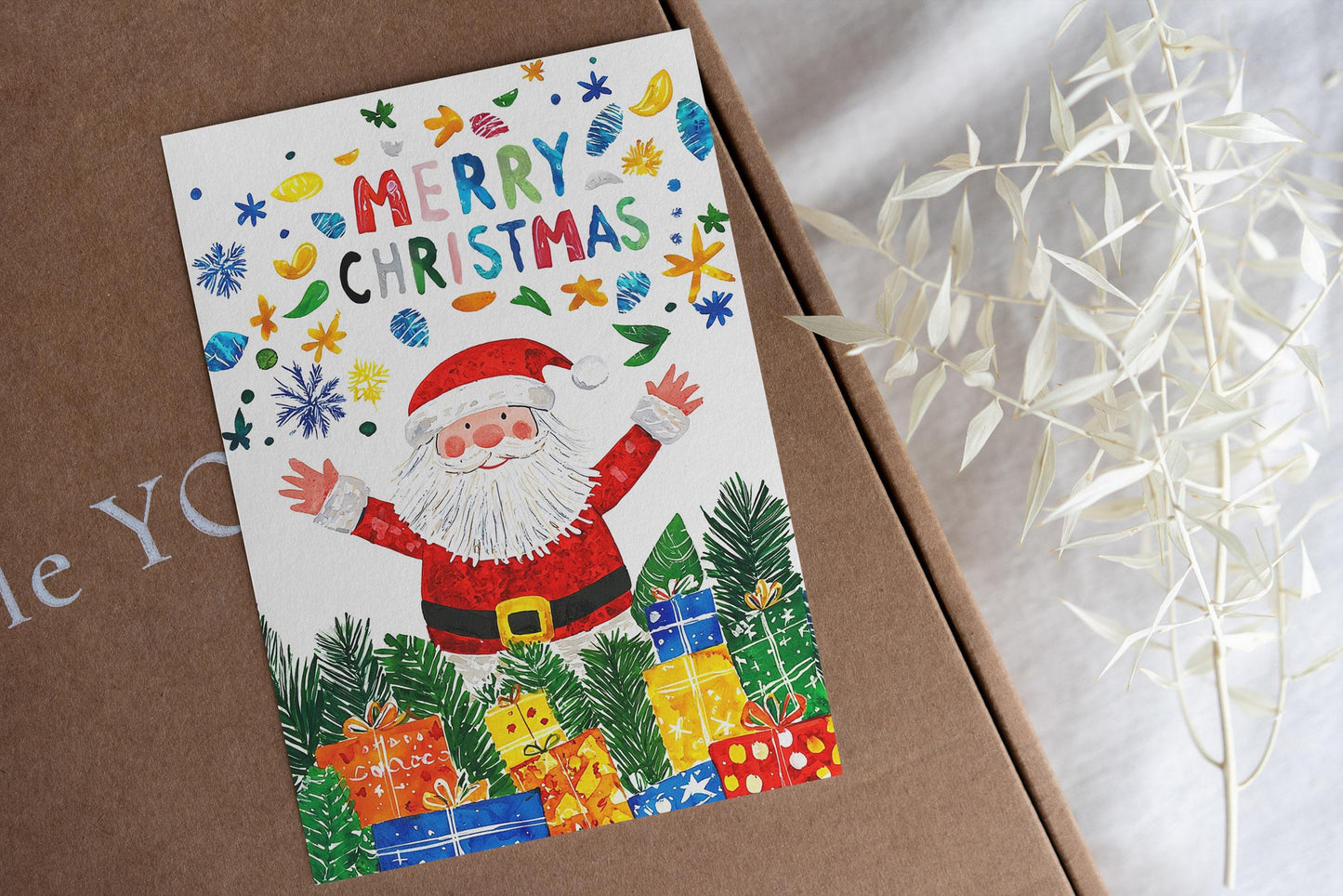 Christmas Card Santa Claus Festive Design Colorful Presents Merry Christmas Greeting Holiday Joy Kids