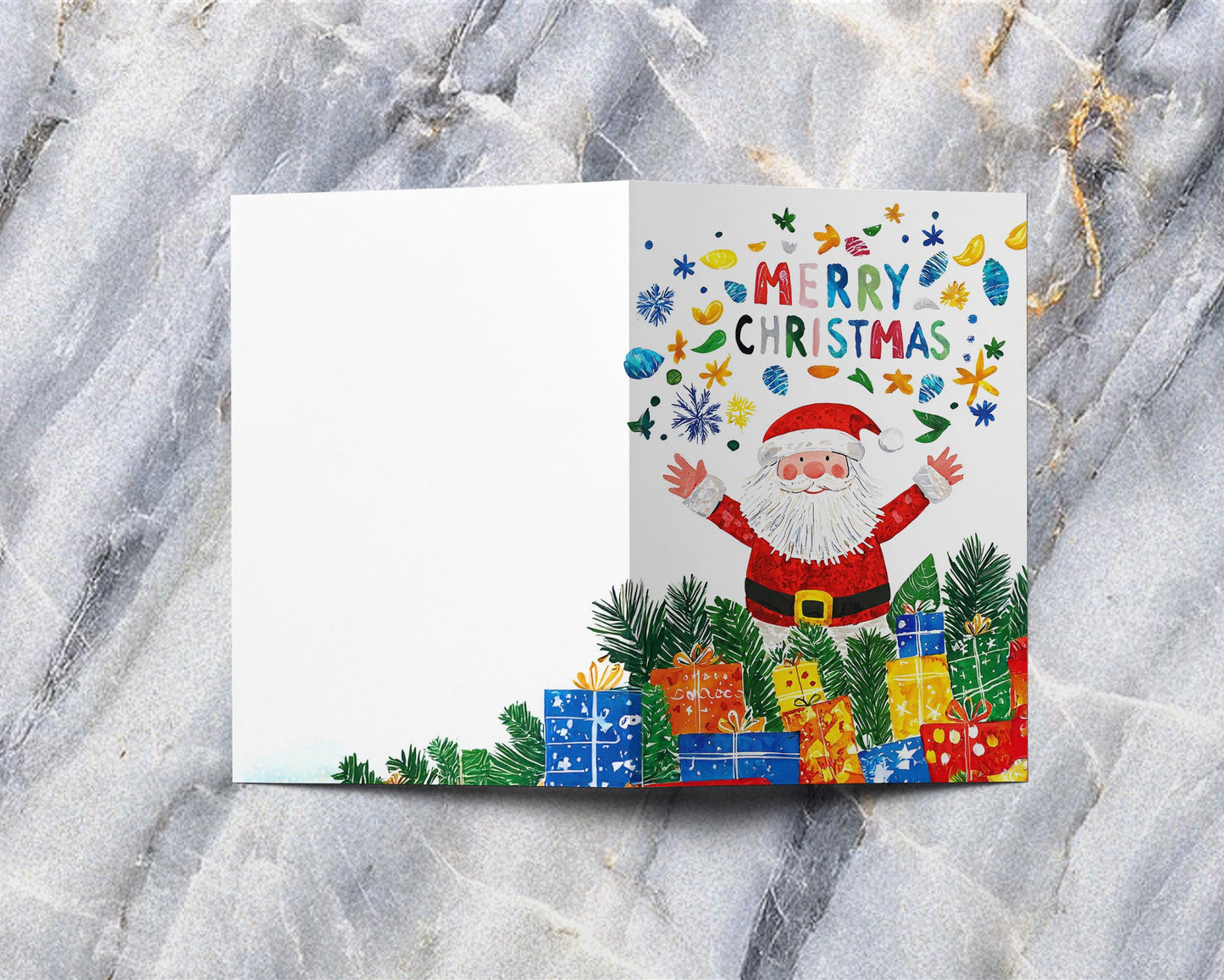 Merry Christmas Card Santa Claus Presents Pine Branches Colorful Design Joyful Holiday Greeting