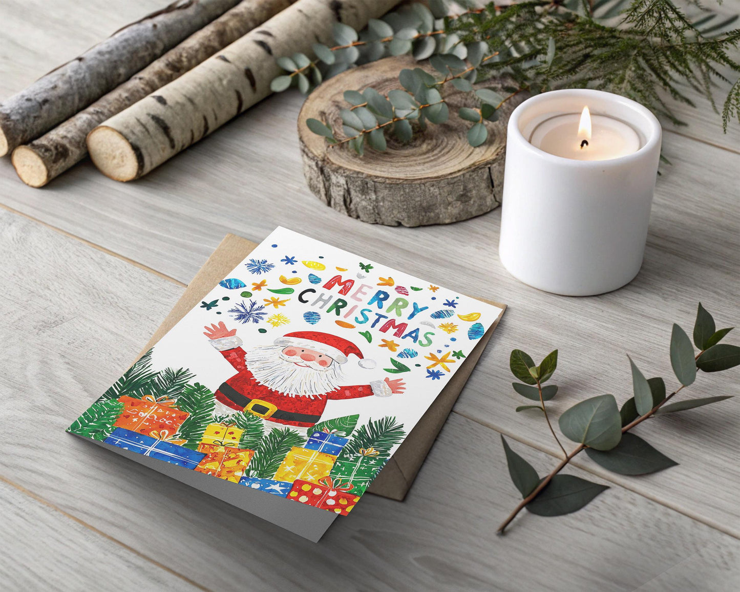 Festive Santa Claus Card Colorful Christmas Design Holiday Joy Kids Greeting Cheerful Snowflakes