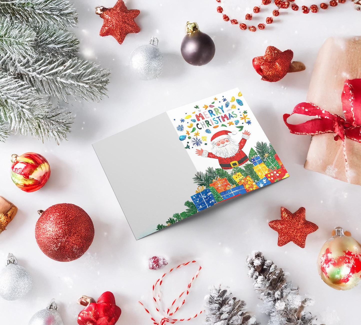 Holiday Card with Santa Festive Design Colorful Christmas Joy Kids Greeting Presents Snowflakes