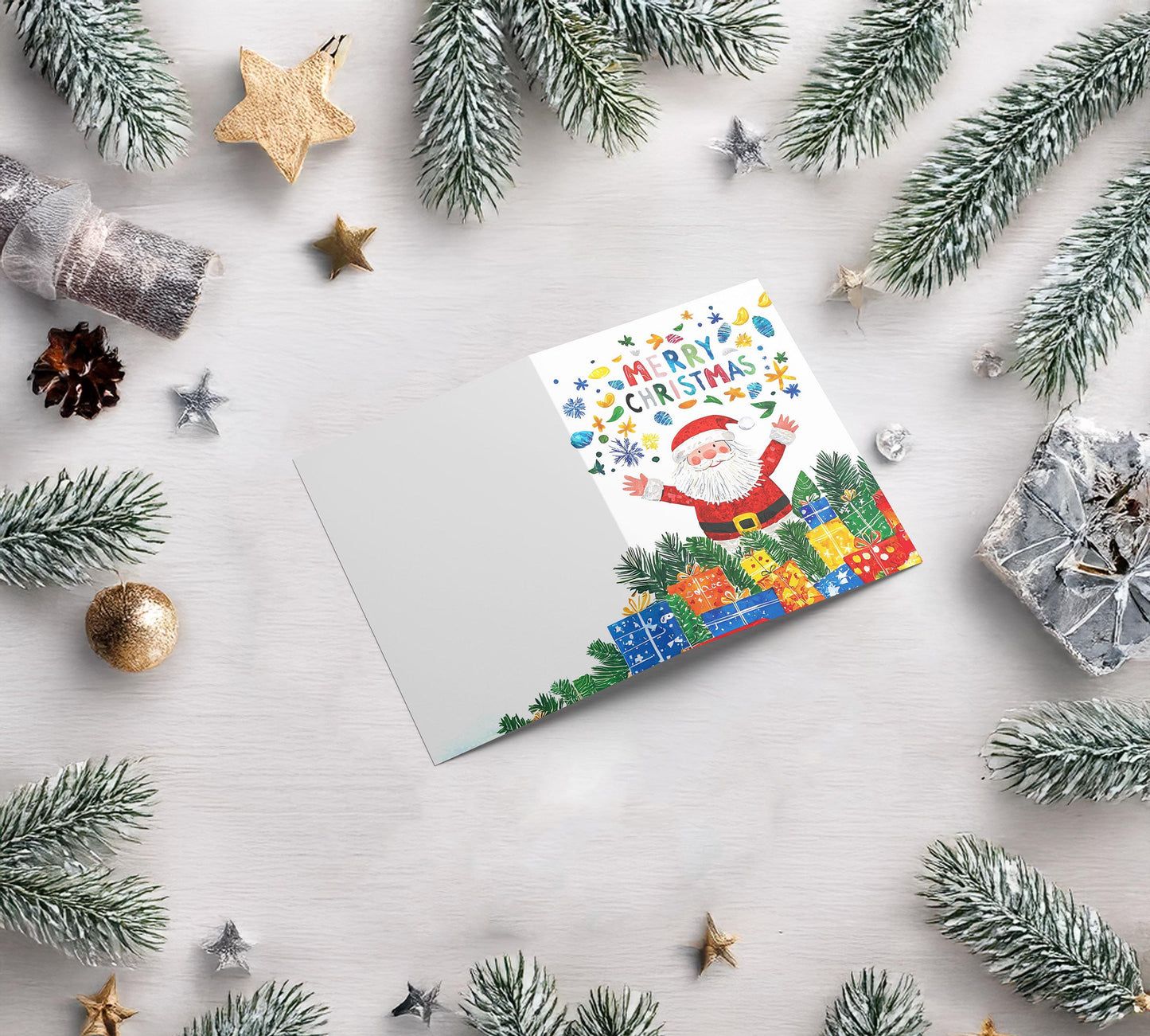 Holiday Card with Santa Festive Design Colorful Christmas Joy Kids Greeting Presents Snowflakes