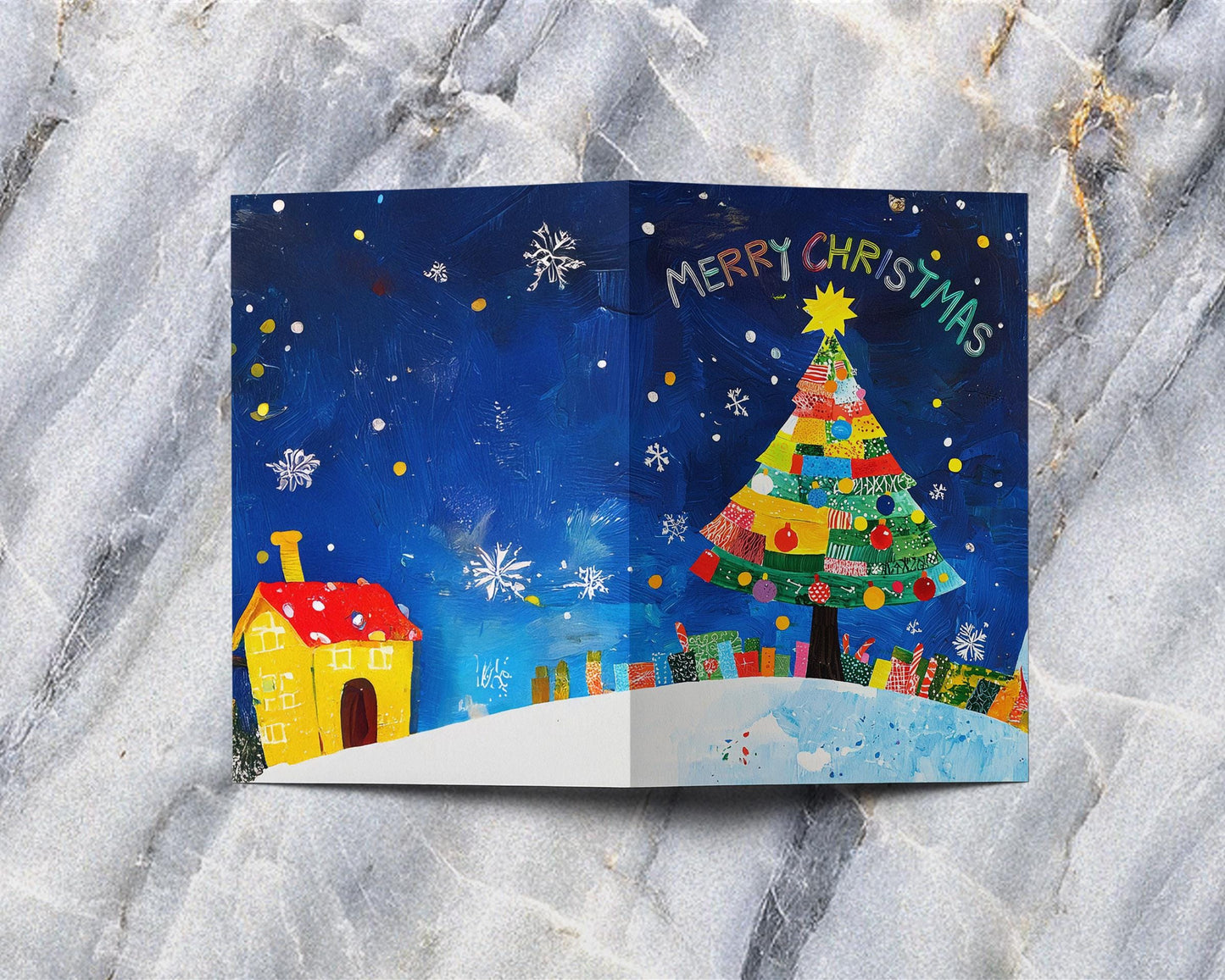 Artistic Christmas Card Patchwork Tree Starry Night Scene Colorful Holiday Art Print George Miller