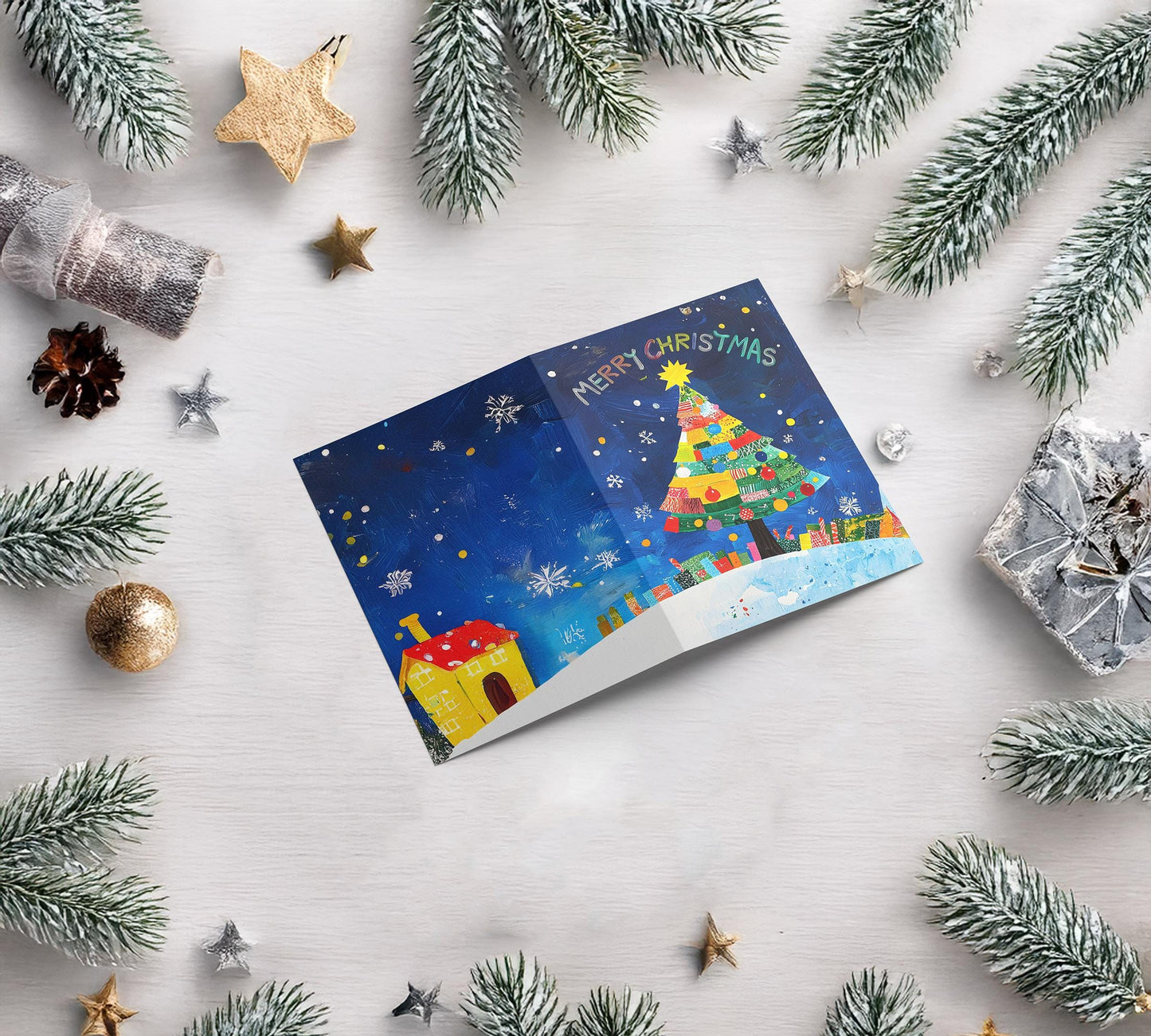 Artistic Holiday Card Christmas Tree Stars Snow Scene Vibrant Colors Festive Art Print