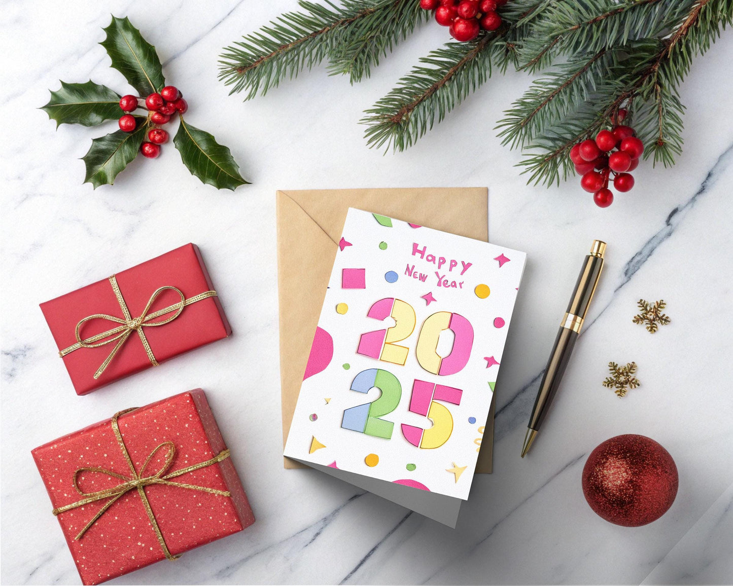 Colorful New Year 2025 Card Geometric Design Festive Greeting Art Print Unique Handmade George Miller Celebration
