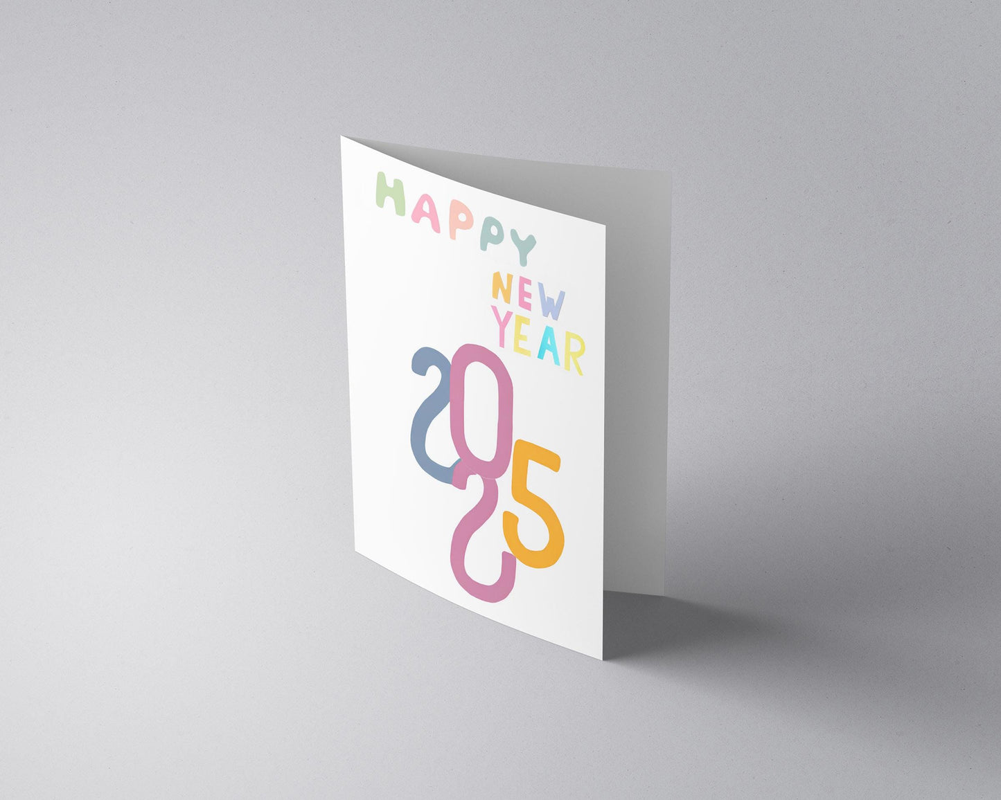Happy New Year 2025 Card Playful Design Pastel Text Soft Colors Holiday Greeting Cheerful Art