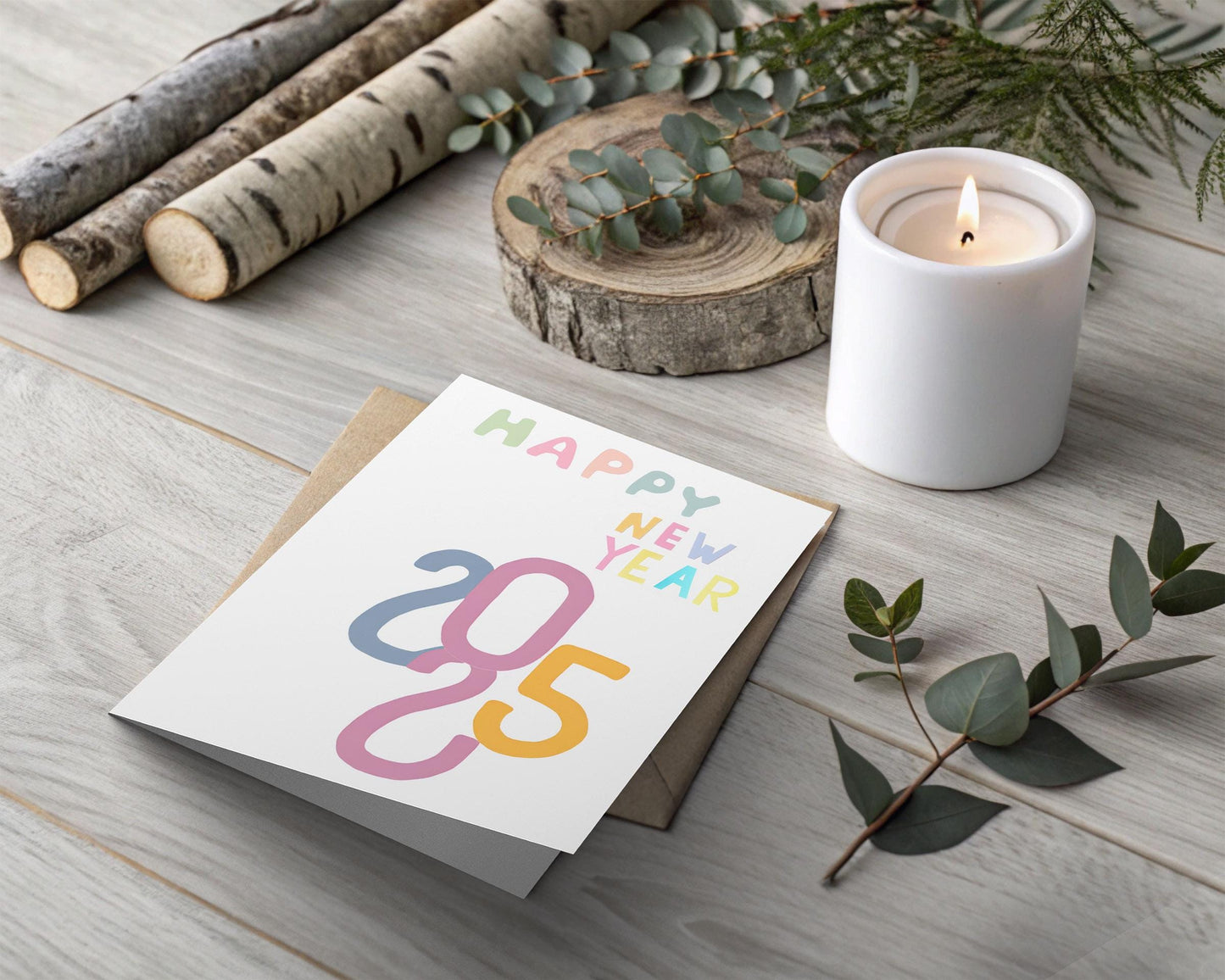 Minimalist New Year Card 2025 Whimsical Typography Pastel Colors Holiday Wishes Modern Design