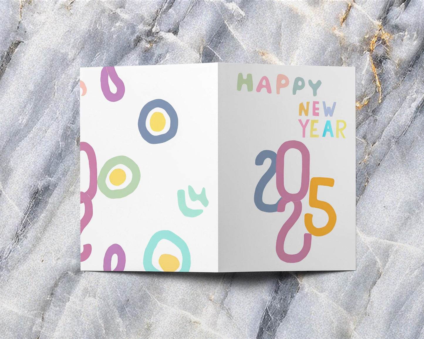 New Year Card 2025 Minimalist Design Pastel Colors Happy New Year Whimsical Typography Modern Art