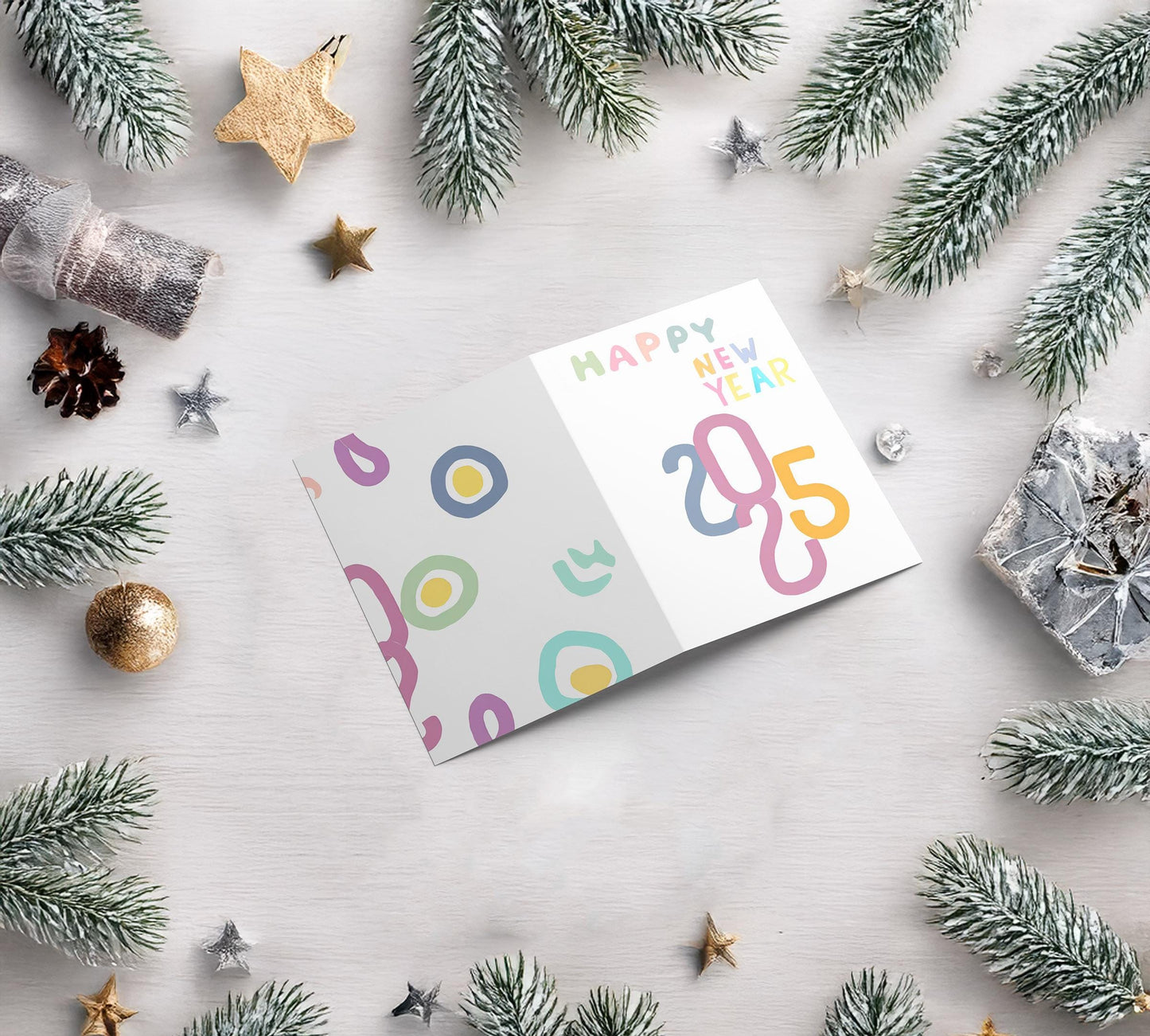 Happy New Year Card 2025 Soft Color Palette Whimsical Design Modern Typography Holiday Art