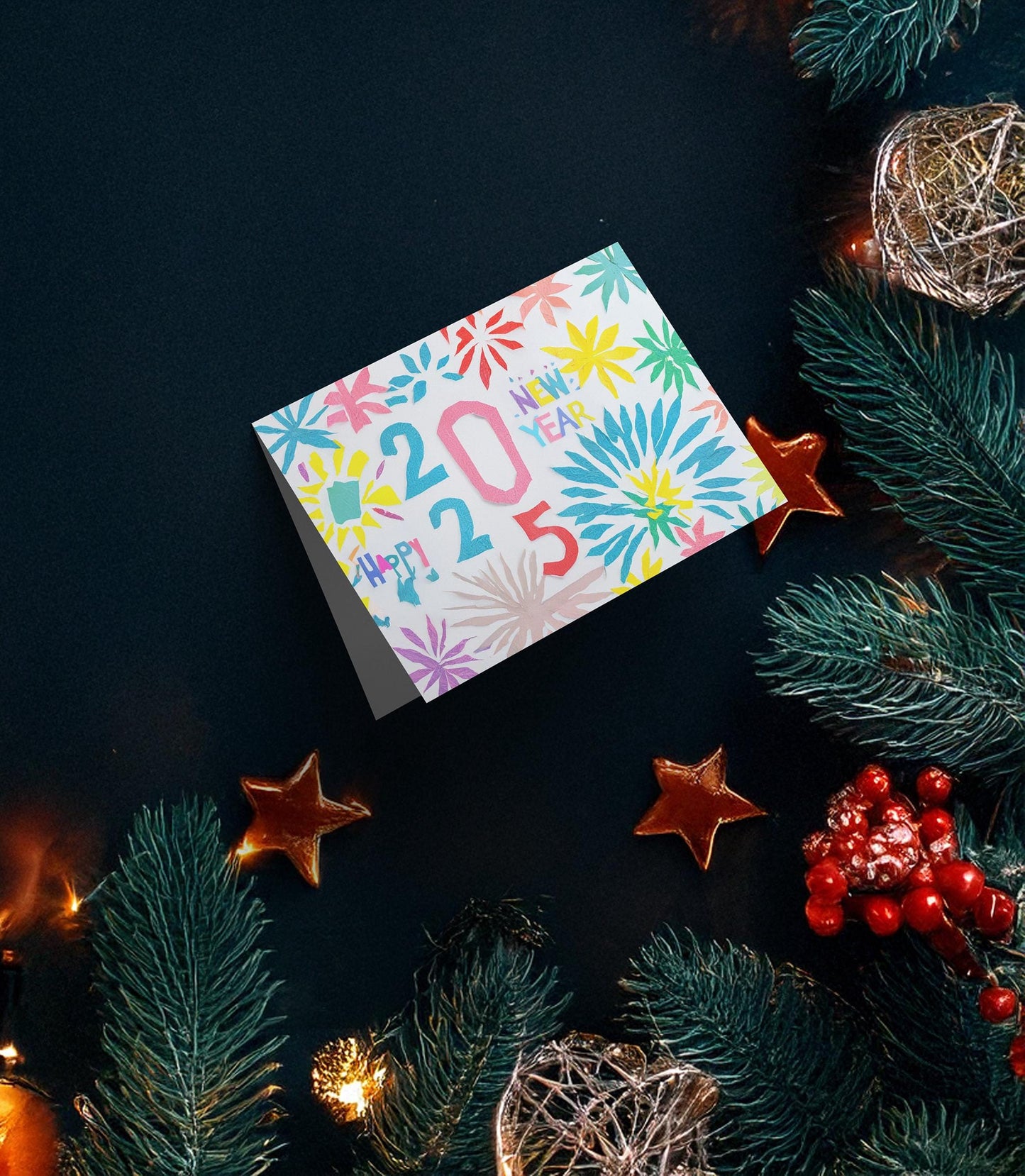Happy New Year Card 2025 Colorful Paper Cut Design Festive Floral Greeting Modern Art Print George Miller Unique