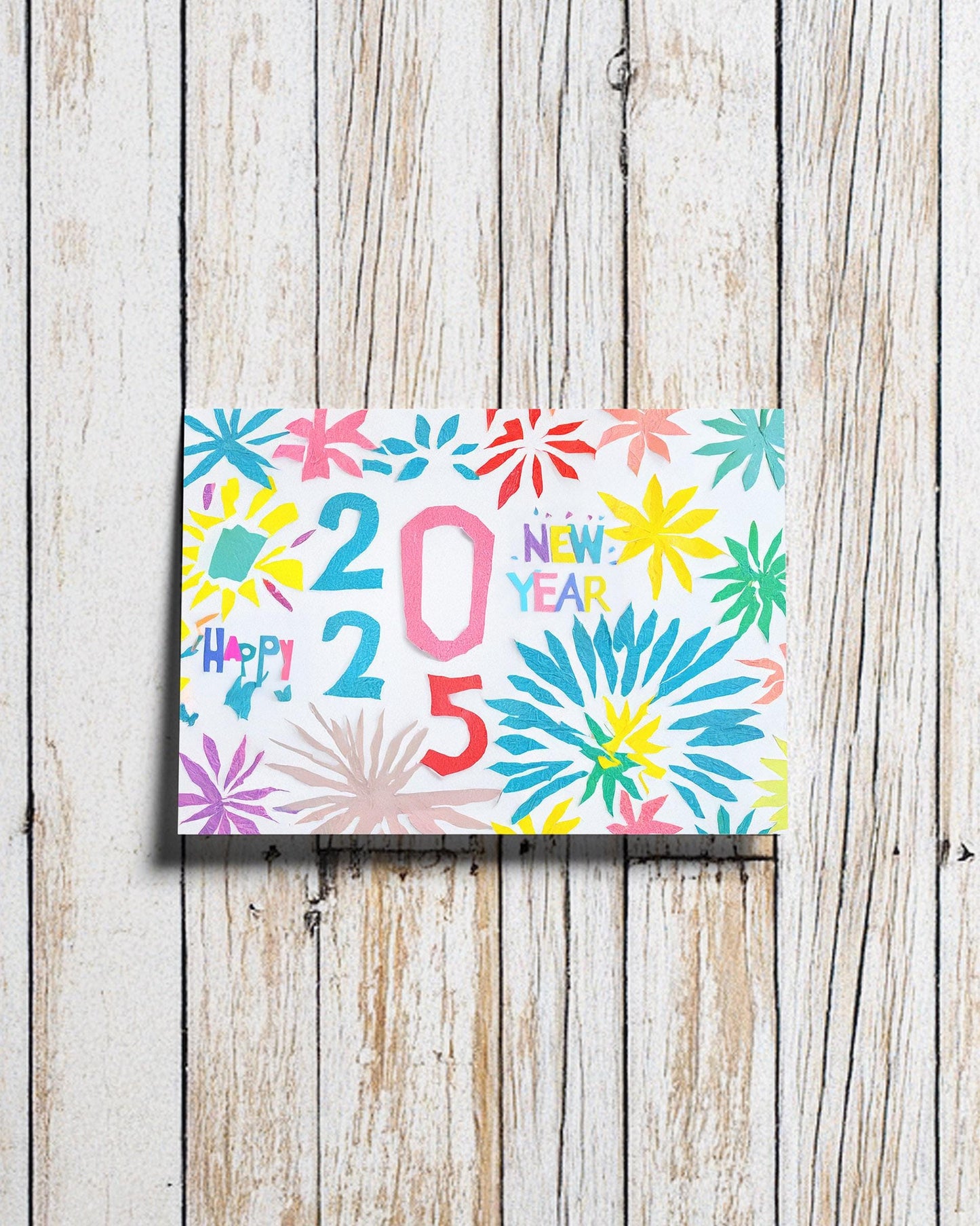 Happy New Year 2025 Card Colorful Floral Design Festive Greeting Unique Handmade George Miller Art Print Starburst