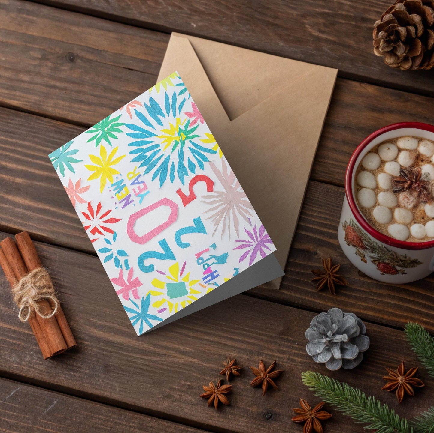 Festive 2025 Card Colorful Paper Cut New Year Design Floral Greeting Unique Art Print George Miller Handmade