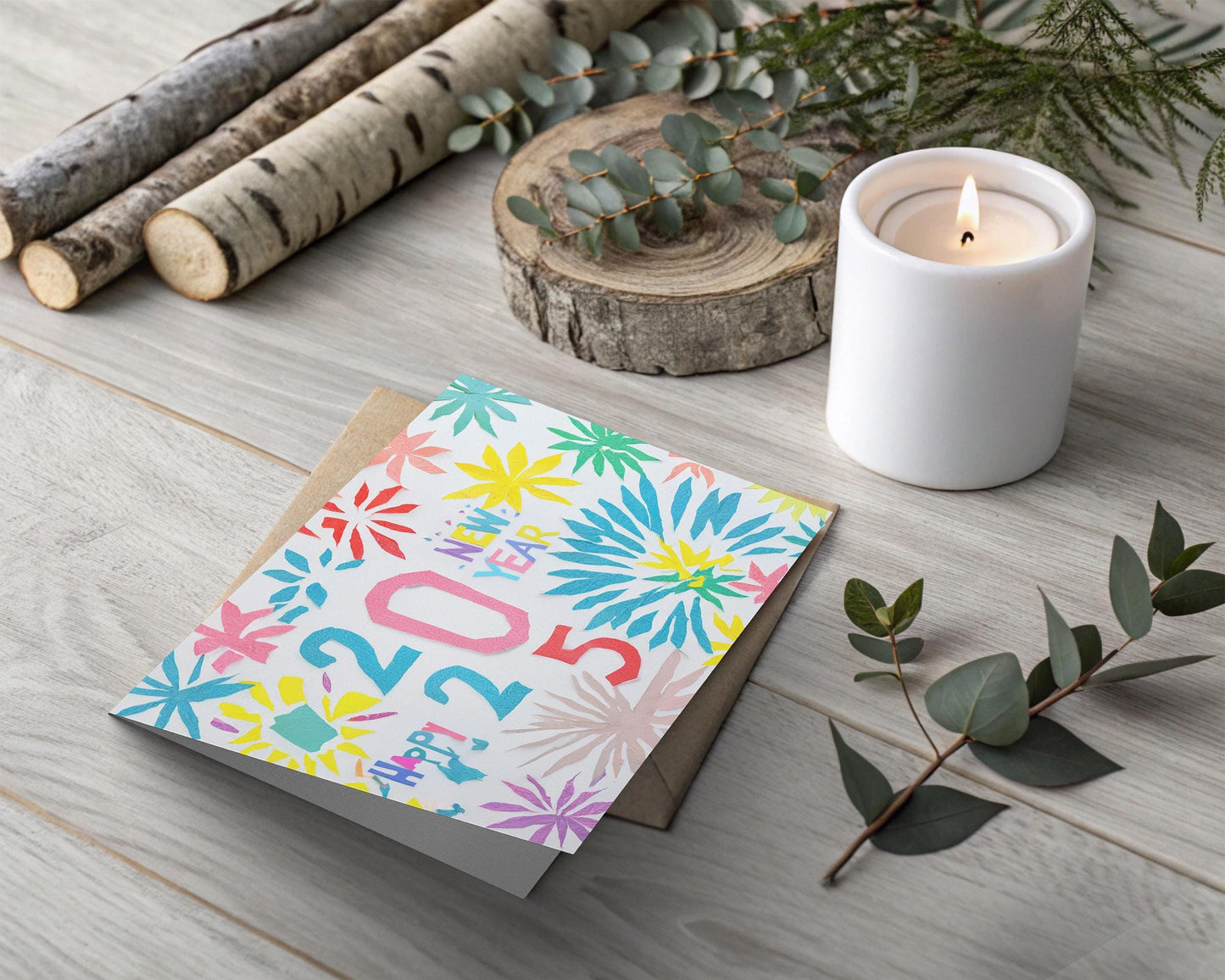 New Year 2025 Card Colorful Starburst Art Print Festive Design Unique Greeting George Miller Handmade Celebration