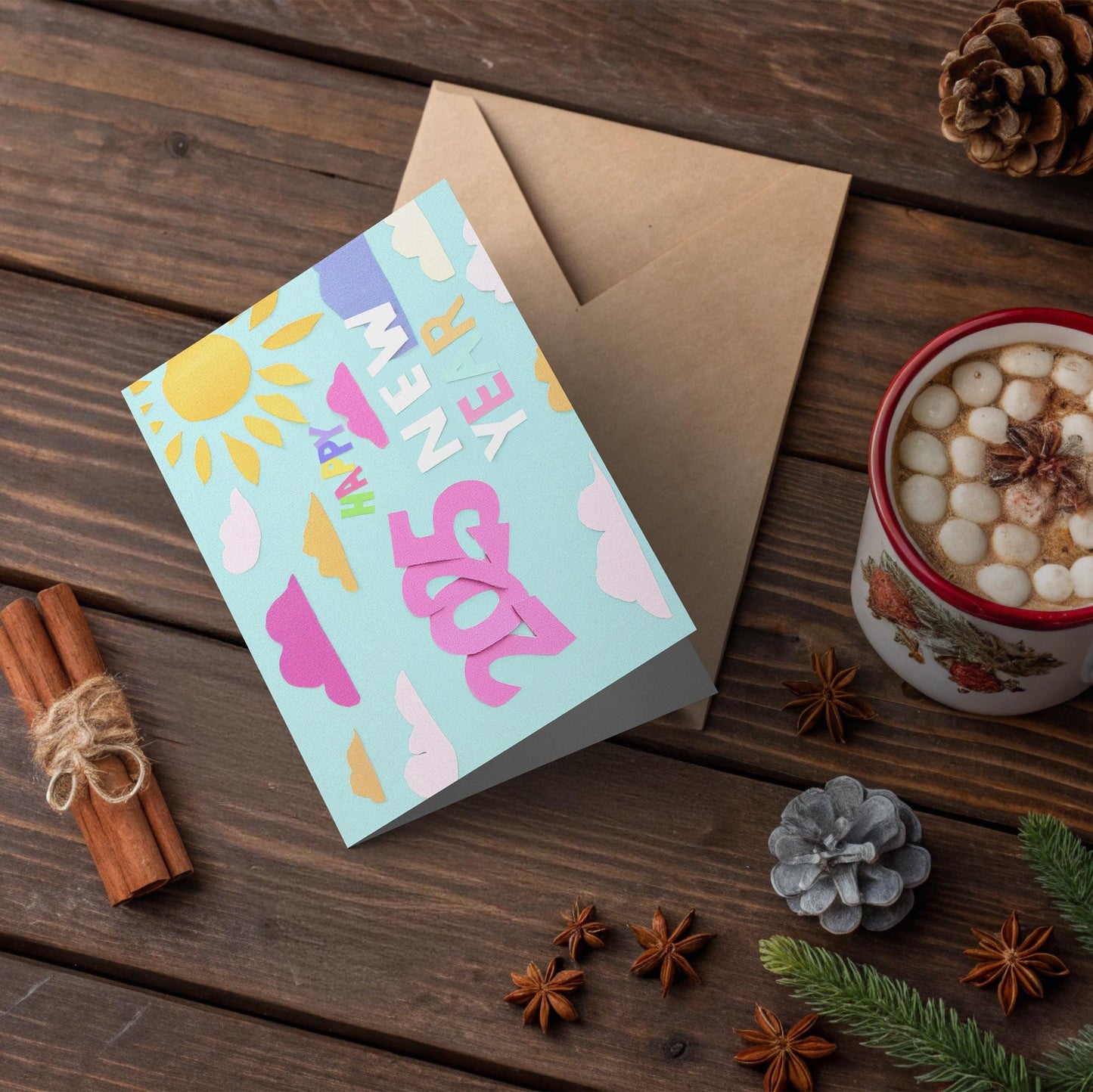 Whimsical New Year 2025 | Cheerful Paper Cut Card | Colorful Sky Design | George Miller Art
