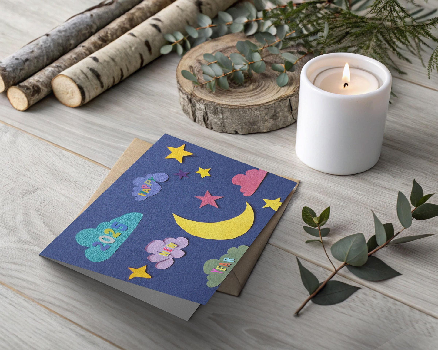 2025 New Year Card | Night Sky Design | Paper Cut Style | Whimsical Greeting | Colorful Clouds Art