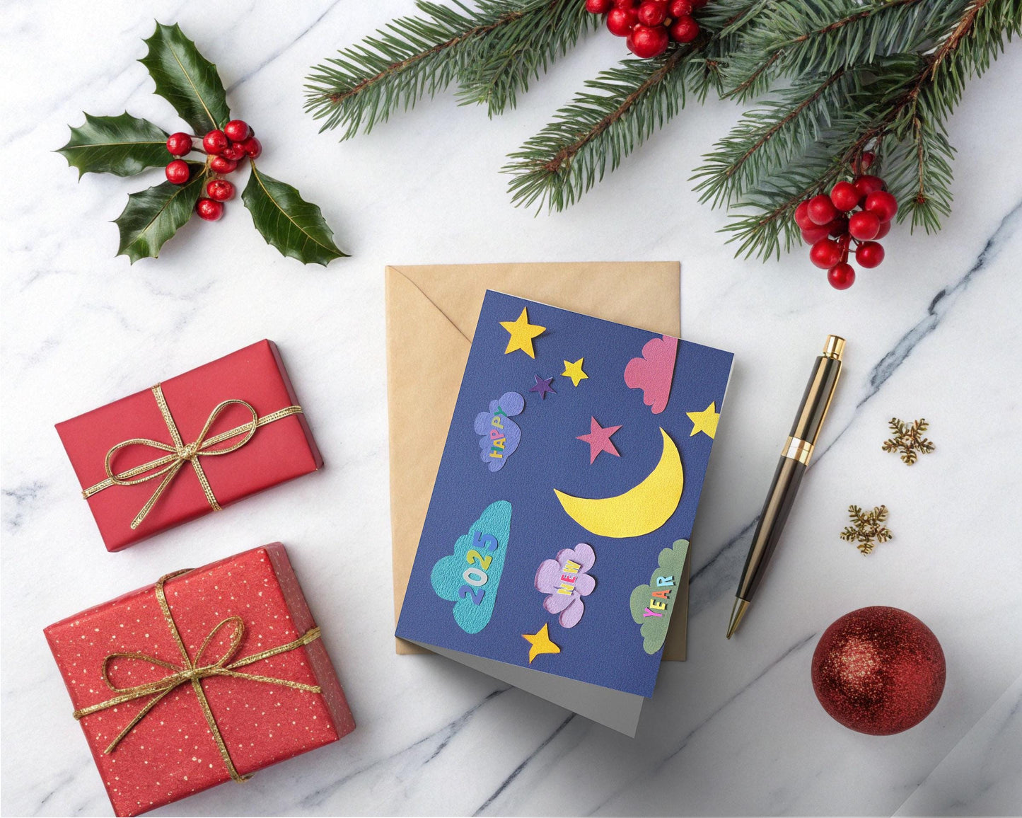 Whimsical New Year Card | 2025 Night Sky Art | Colorful Paper Cut | Playful Typography | Dreamy Scene