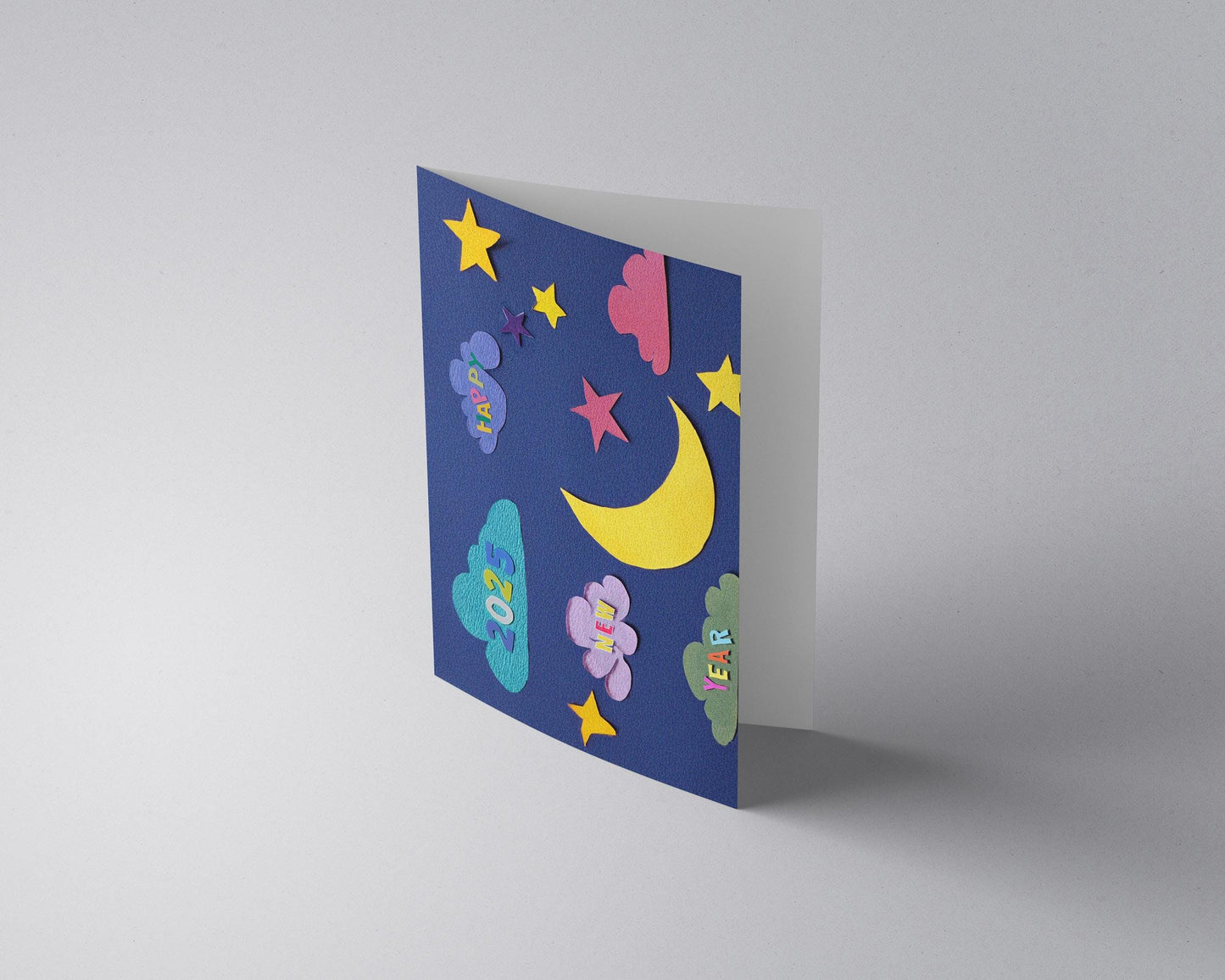 New Year Night Sky Card | 2025 Paper Cut Art | Playful Cloud Typography | Cheerful Greeting