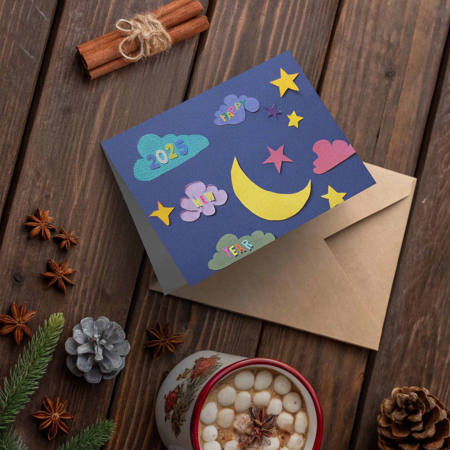 Happy New Year 2025 | Moon and Stars Card | Cheerful Design | Magical Night Scene | Artistic Wish