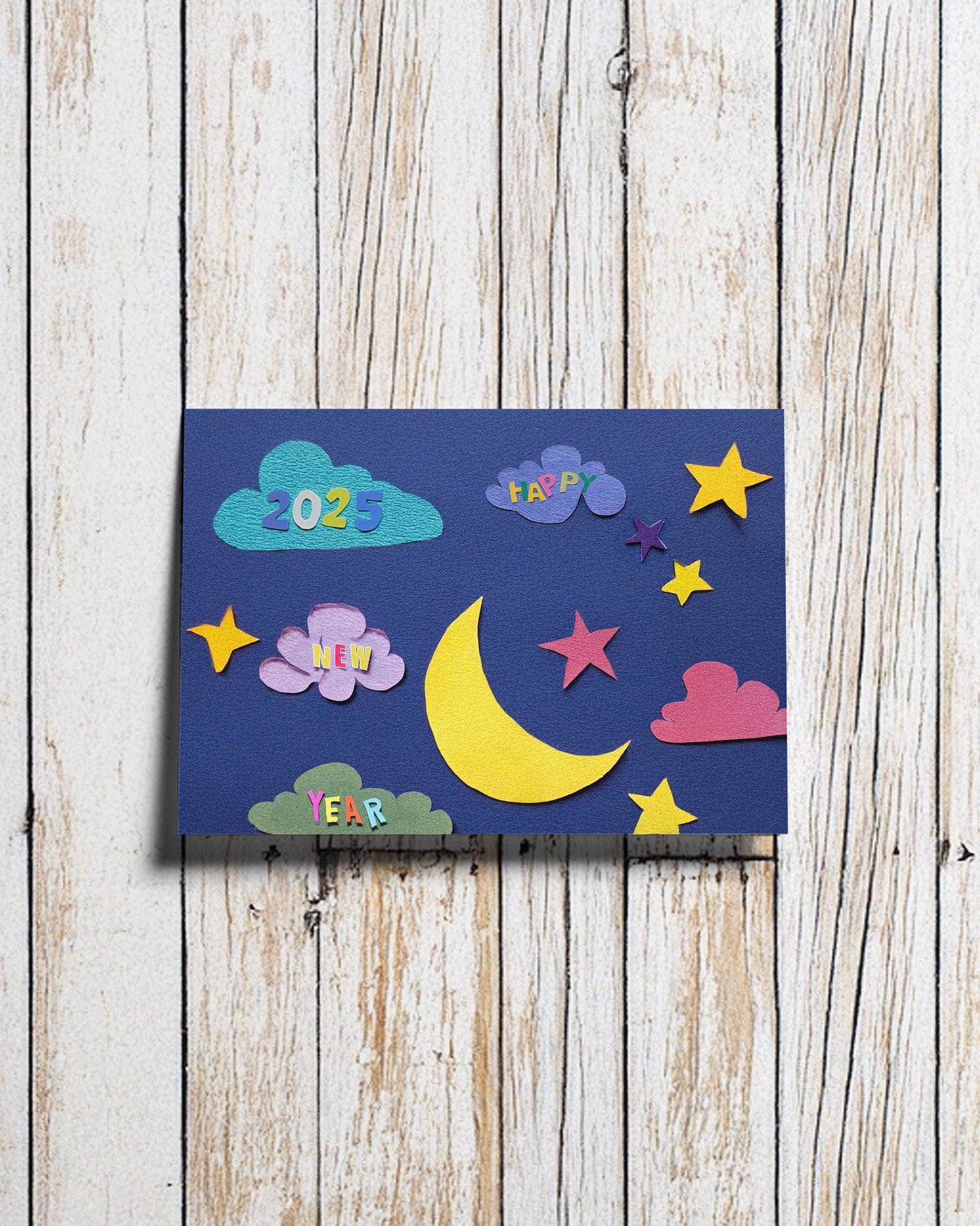 Artistic New Year Wish | 2025 Night Sky Card | Cheerful Moon and Stars | Playful Cloud Messages