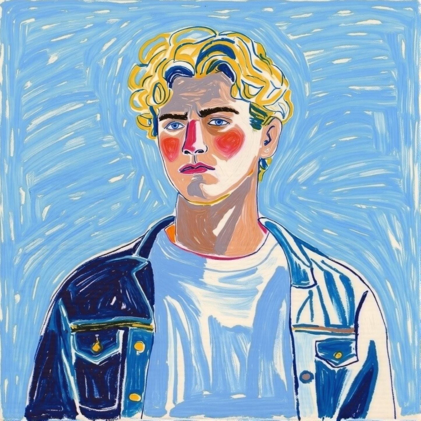 Vibrant digital portrait: Turn your photo into unique art! This custom portrait features a young man with curly blonde hair and a denim jacket, set against a blue backdrop. The artwork showcases a textured, hand-drawn style with bold lines and colors. Get your personalized portrait today!