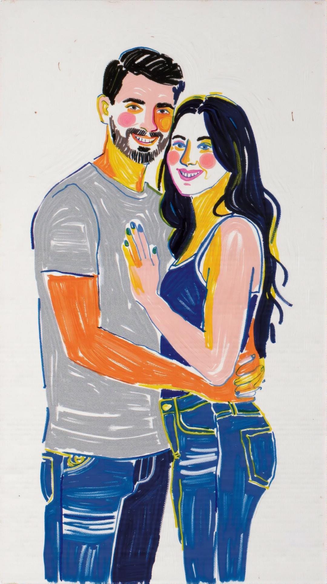 Digital Custom Portrait: A vibrant artwork of a smiling couple embracing. This personalized portrait captures their joyful moment with bold colors and a unique,