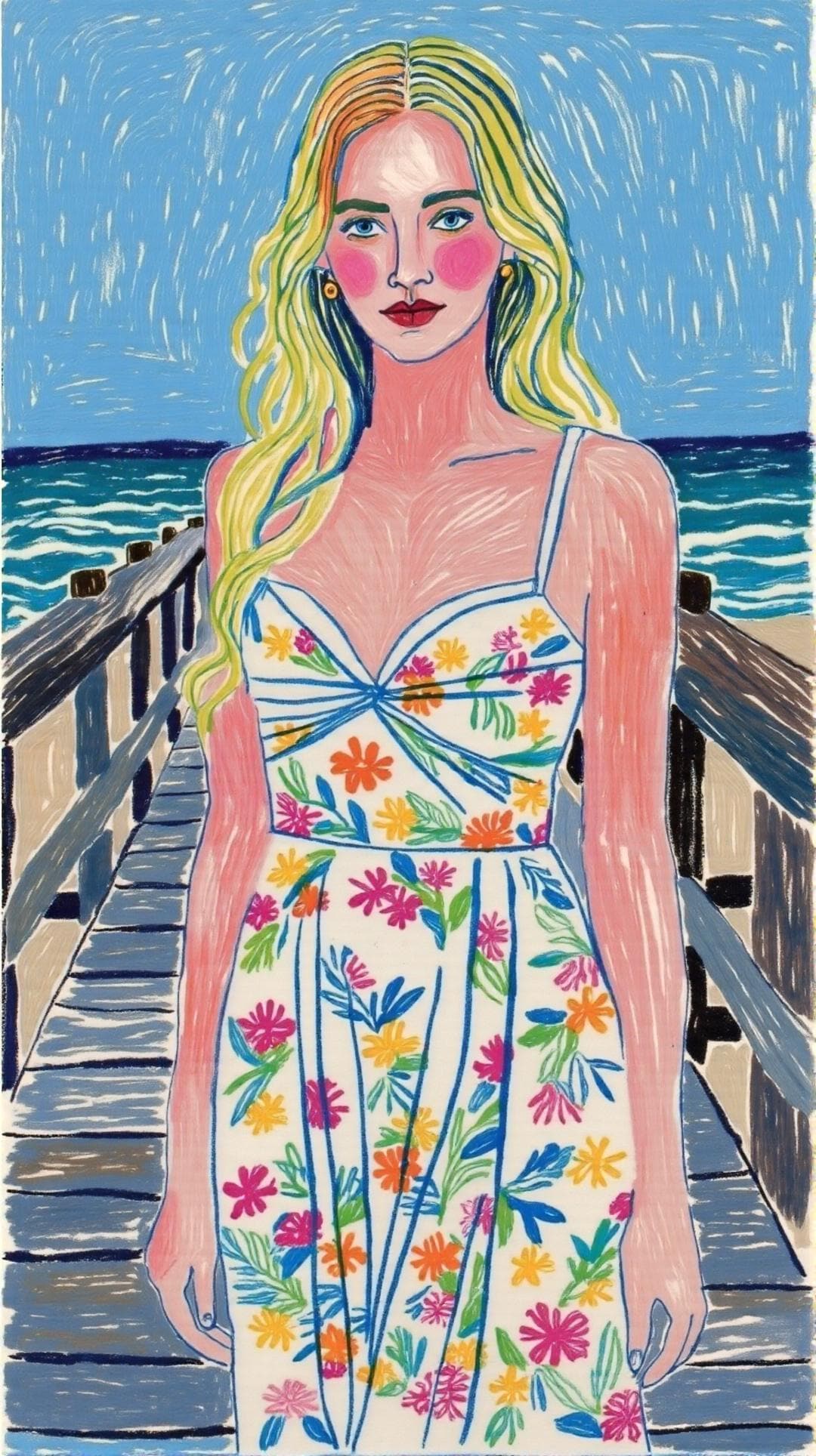 Vibrant digital portrait: Turn your photo into unique art! This custom portrait features a woman in a floral dress on a pier, with the ocean in the background. The artwork showcases a textured, hand-drawn style with bold lines and colors, creating a personalized and summery scene. Get your unique portrait today!