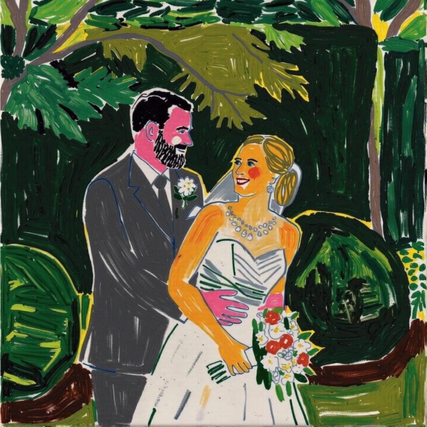 A custom wedding portrait showcasing a couple embracing in a lush garden, illustrated in a vibrant, hand-drawn style with bold colors and expressive brushstrokes.