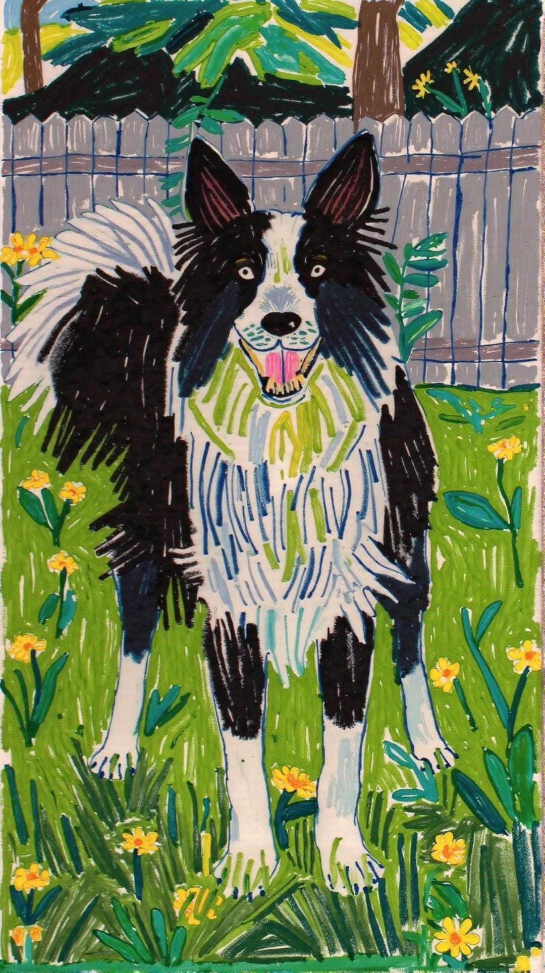 Border Collie Portrait: Energetic, hand-painted portrait of a Border Collie standing in a field of yellow flowers. Bright colors and lively strokes showcase the pet's charm.
