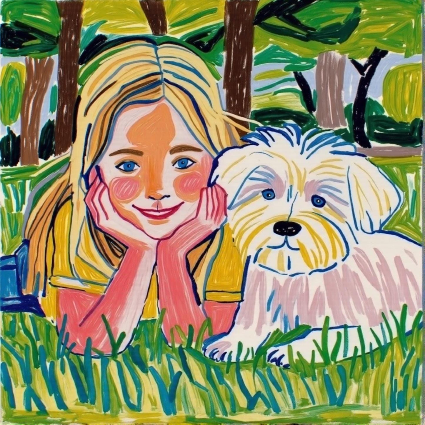 Girl and Dog Portrait: Custom digital art featuring a girl and her dog in a vibrant, hand-painted style. A unique, personalized pet portrait, perfect as a gift or keepsake. Includes 2 pets!