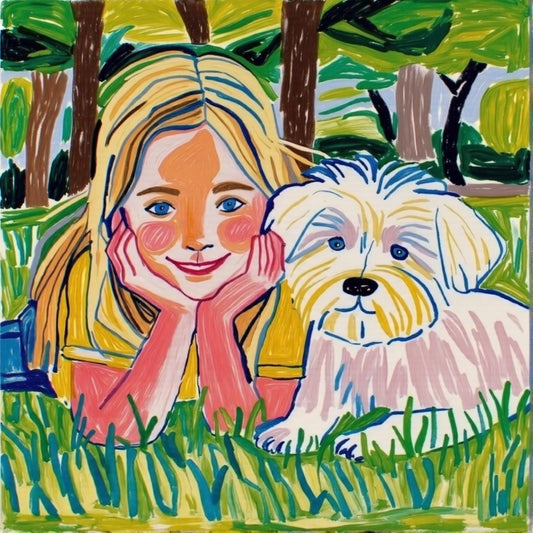 Girl and Dog Portrait: Custom digital art featuring a girl and her dog in a vibrant, hand-painted style. A unique, personalized pet portrait, perfect as a gift or keepsake. Includes 2 pets!