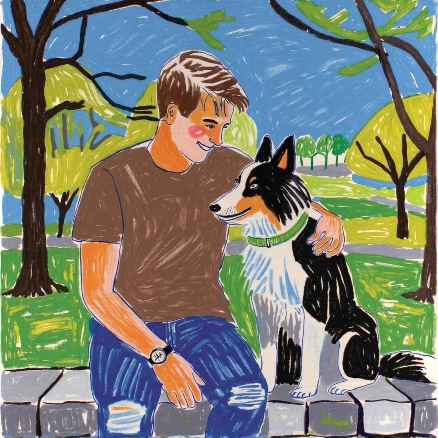 Man and Border Collie Portrait: Personalized pet portrait of a man and his Border Collie, showcasing a vibrant, hand-painted style. A perfect custom digital art gift. Free revision included!