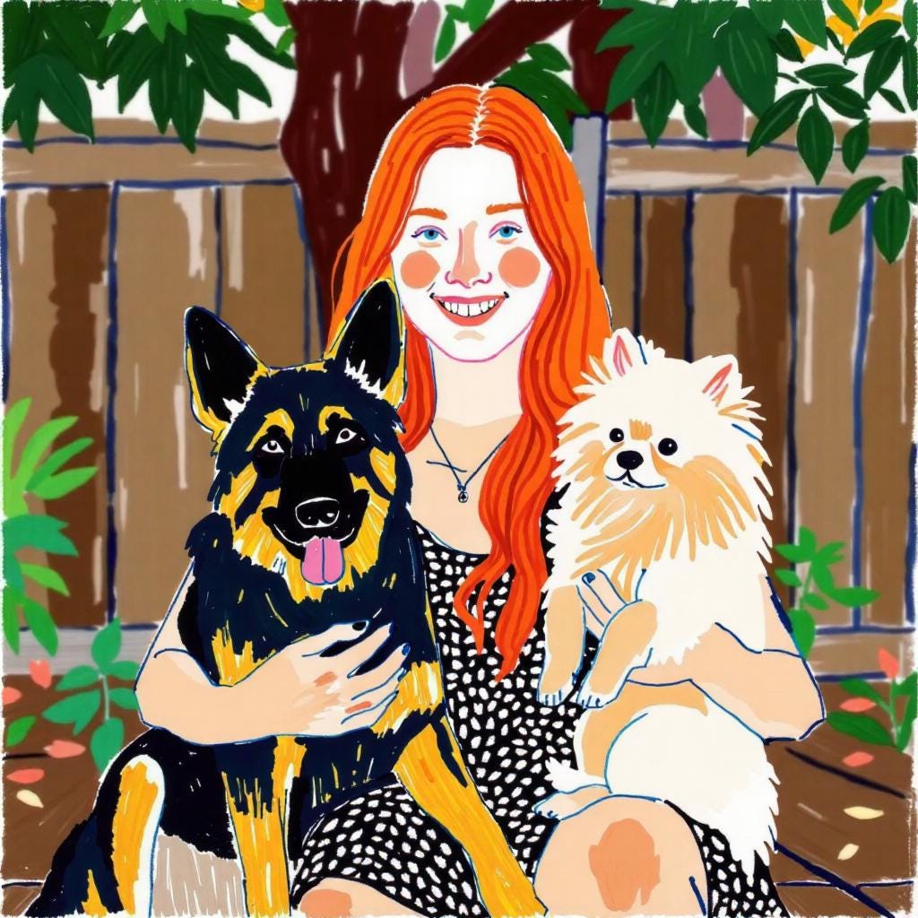Girl and Two Dogs Portrait: Personalized pet portrait featuring a girl with a German Shepherd and a Pomeranian. A vibrant, hand-painted style captures the love for your pets. Free revision!