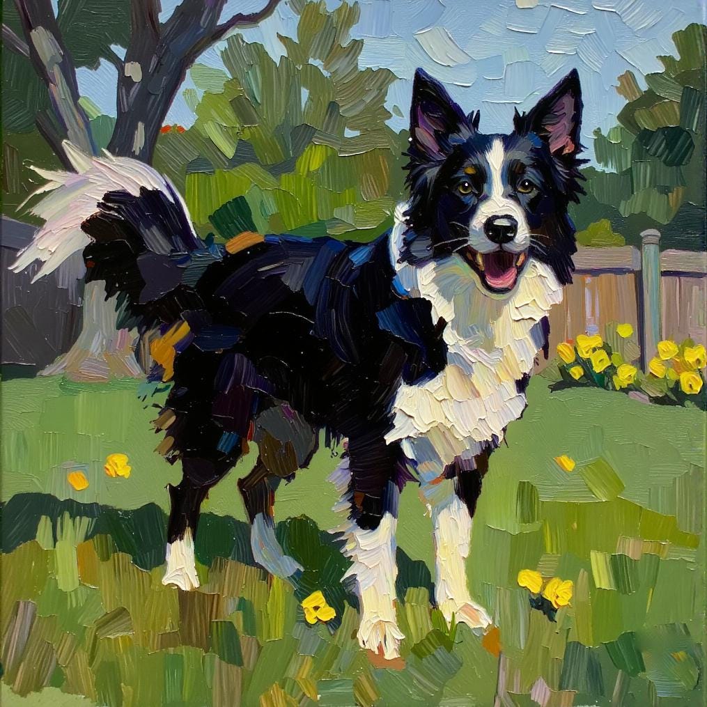 A custom impasto pet portrait of a Border Collie standing in a yard with yellow flowers, rendered in a textured digital oil style with vibrant greens, yellows, and blacks.